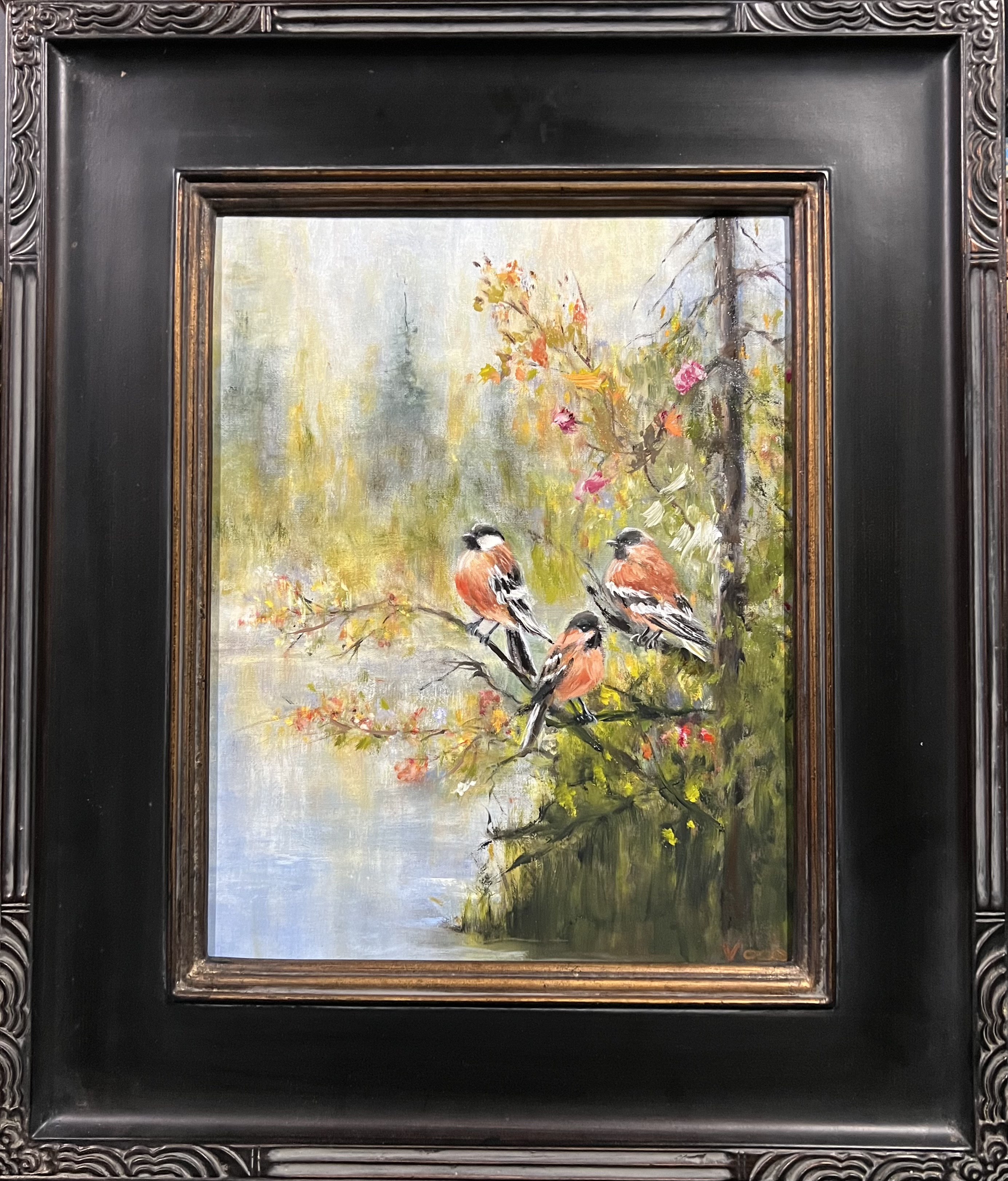 Little Ones - Pine Grosbeaks 14x11 $575 at Hunter Wolff Gallery